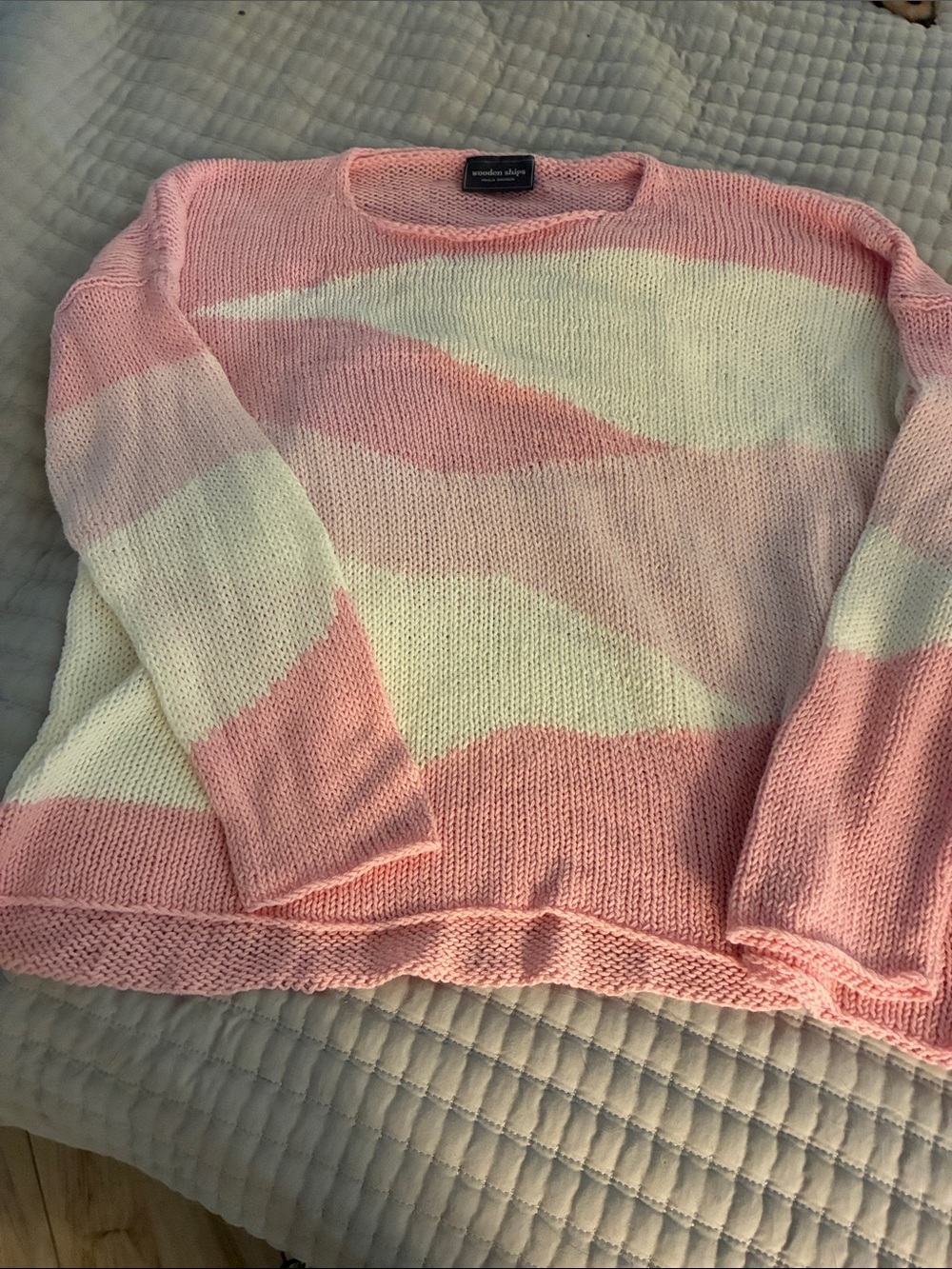 Wooden Ships Pink & Cream Wave-Stripe Lightweight Crew Sweater